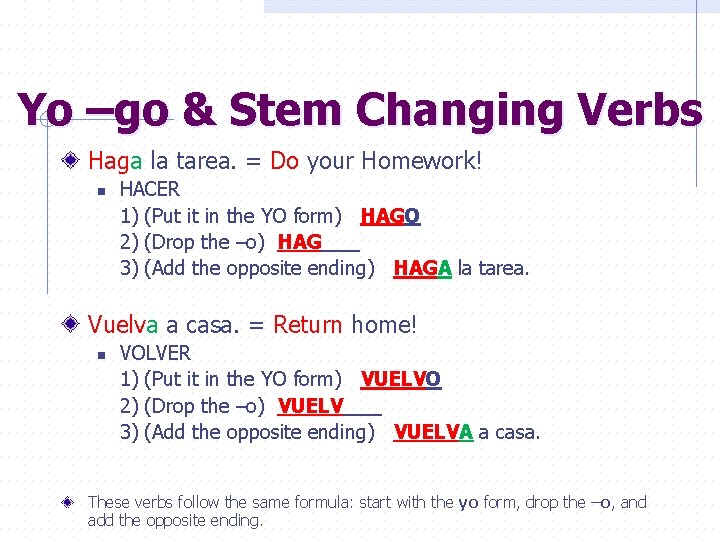 Yo –go & Stem Changing Verbs Haga la tarea. = Do your Homework! n