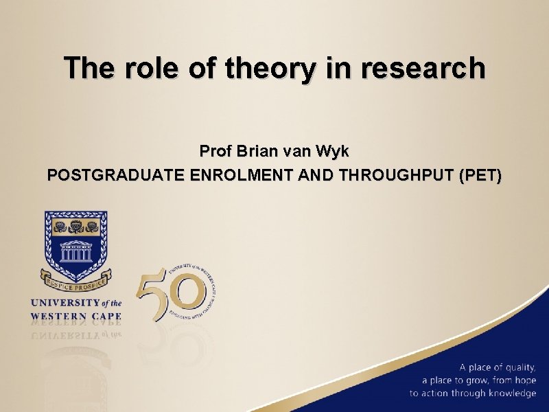 The role of theory in research Prof Brian van Wyk POSTGRADUATE ENROLMENT AND THROUGHPUT
