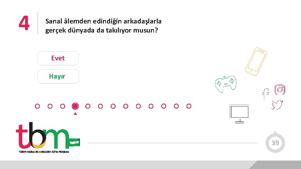 4 Sanal âlemden edindiğin arkadaşlarla gerçek dünyada da takılıyor musun? Evet Hayır 39 