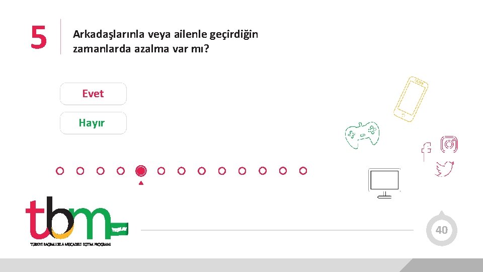 5 Arkadaşlarınla veya ailenle geçirdiğin zamanlarda azalma var mı? Evet Hayır 40 