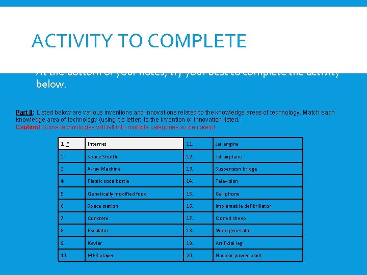 ACTIVITY TO COMPLETE At the bottom of your notes, try your best to complete