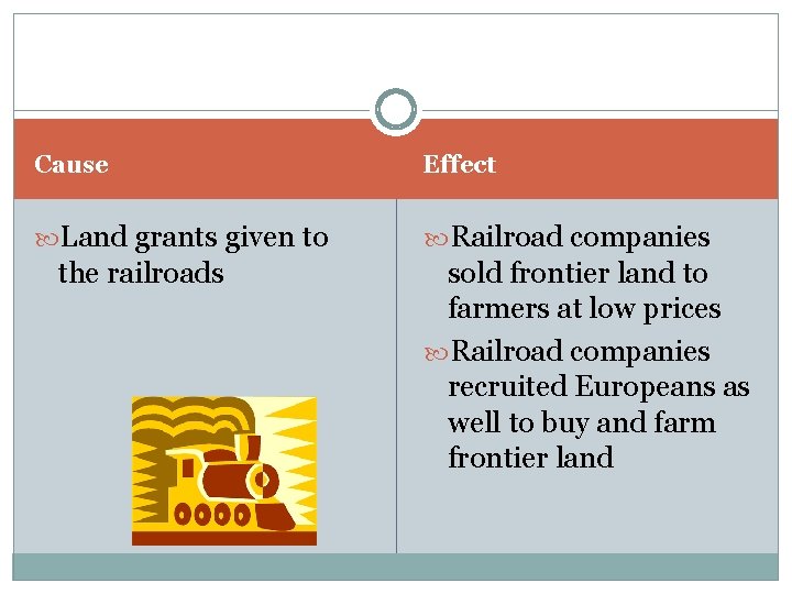 Cause Effect Land grants given to Railroad companies the railroads sold frontier land to
