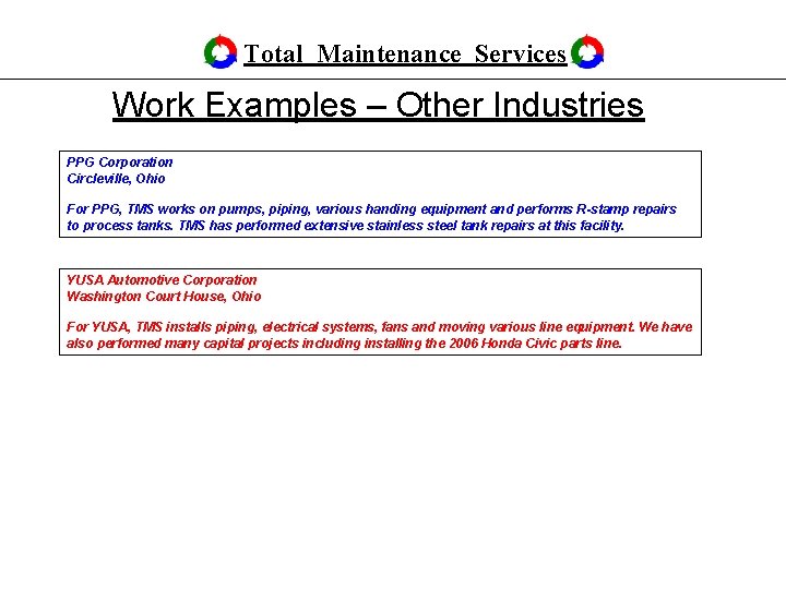 Total Maintenance Services Work Examples – Other Industries PPG Corporation Circleville, Ohio For PPG,
