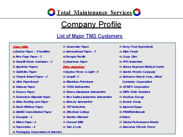 Total Maintenance Services Company Profile List of Major TMS Customers Paper Mills: Clearwater Paper