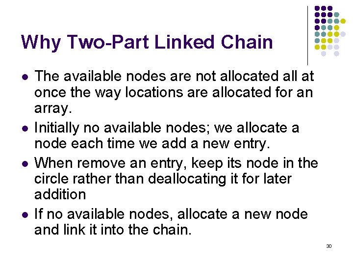 Why Two-Part Linked Chain l l The available nodes are not allocated all at