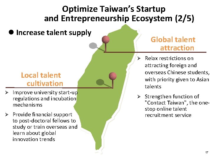 Optimize Taiwan’s Startup and Entrepreneurship Ecosystem (2/5) l Increase talent supply Global talent attraction