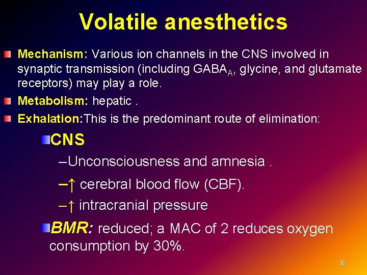 Volatile anesthetics Mechanism: Various ion channels in the CNS involved in synaptic transmission (including
