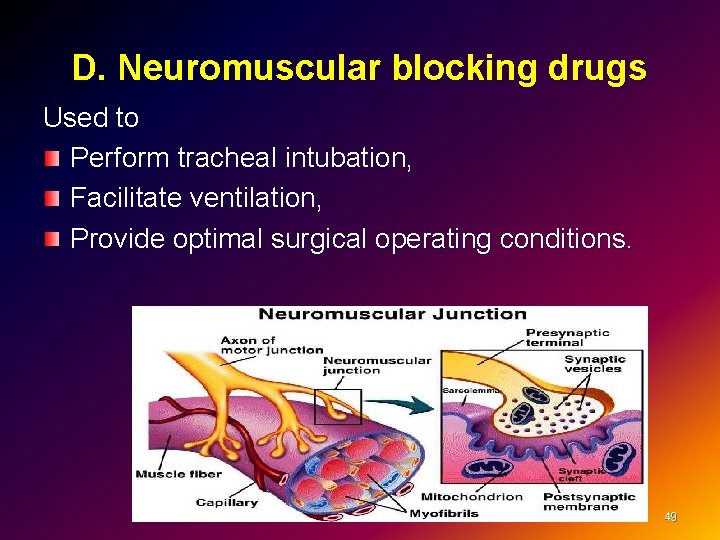 D. Neuromuscular blocking drugs Used to Perform tracheal intubation, Facilitate ventilation, Provide optimal surgical