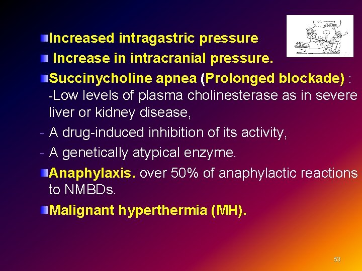 Increased intragastric pressure Increase in intracranial pressure. Succinycholine apnea ( apnea Prolonged blockade) :