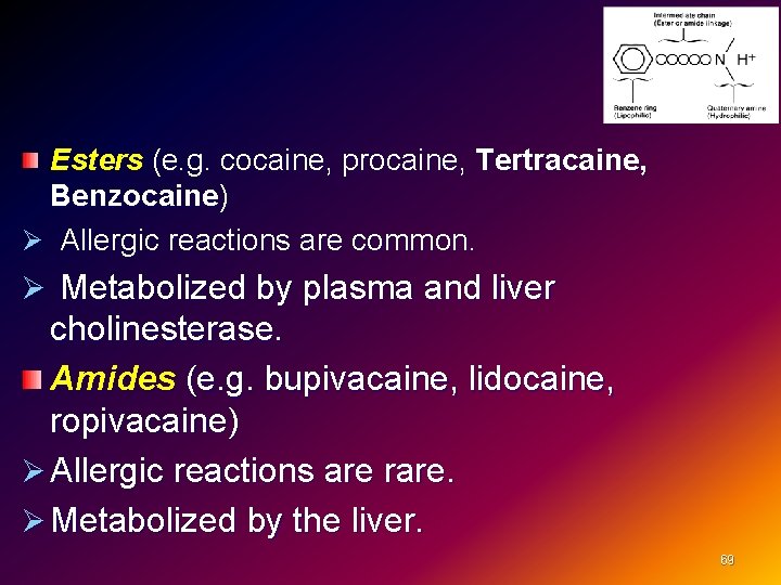 Esters (e. g. cocaine, procaine, Tertracaine, Benzocaine) Ø Allergic reactions are common. Ø Metabolized