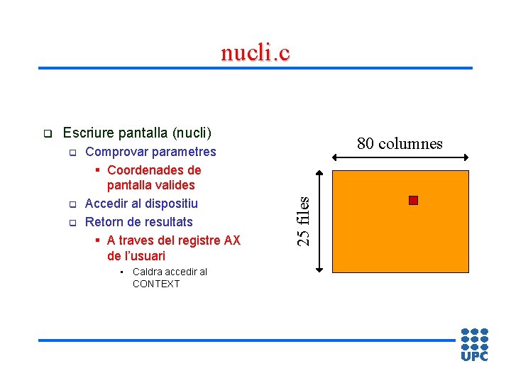 nucli. c Escriure pantalla (nucli) q q q Comprovar parametres § Coordenades de pantalla