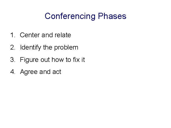 Conferencing Phases 1. Center and relate 2. Identify the problem 3. Figure out how