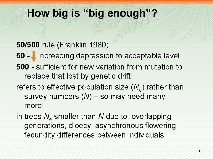 How big is “big enough”? 50/500 rule (Franklin 1980) 50 - inbreeding depression to