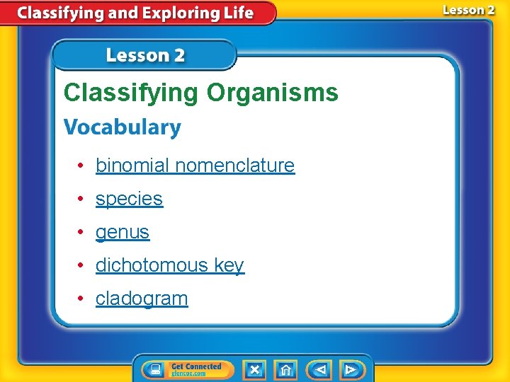 Classifying Organisms • binomial nomenclature • species • genus • dichotomous key • cladogram