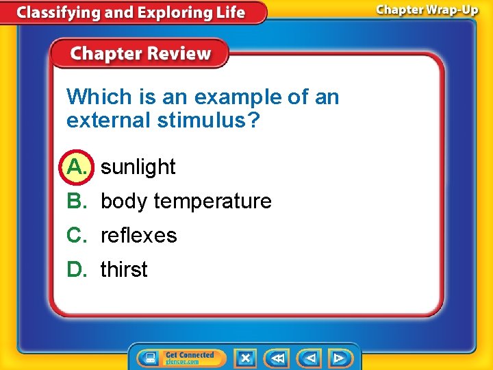 Which is an example of an external stimulus? A. sunlight B. body temperature C.