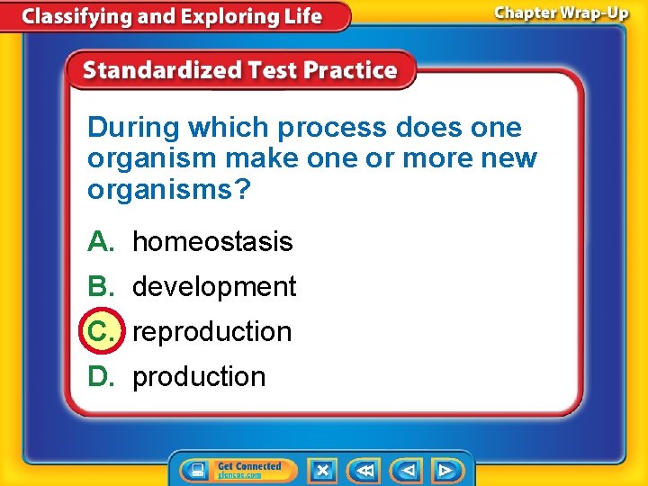 During which process does one organism make one or more new organisms? A. homeostasis