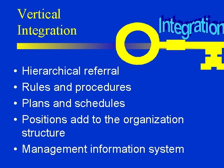 Vertical Integration • • Hierarchical referral Rules and procedures Plans and schedules Positions add