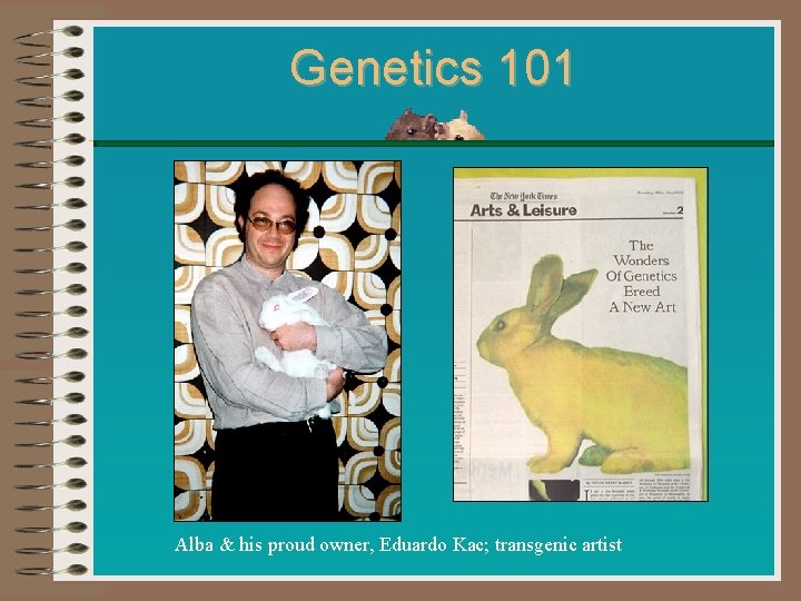 Genetics 101 Alba & his proud owner, Eduardo Kac; transgenic artist 