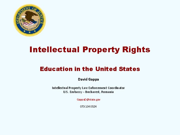 Intellectual Property Rights Education in the United States David Gappa Intellectual Property Law Enforcement