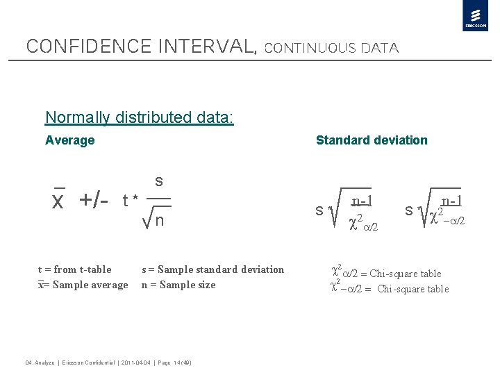 Confidence interval, continuous data Normally distributed data: Average x +/- Standard deviation s t*