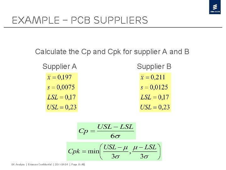 Example – PCB suppliers Calculate the Cp and Cpk for supplier A and B