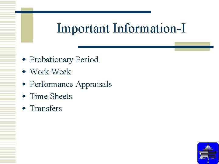 Important Information-I w w w Probationary Period Work Week Performance Appraisals Time Sheets Transfers Important Information-I w w w Probationary Period Work Week Performance Appraisals Time Sheets Transfers