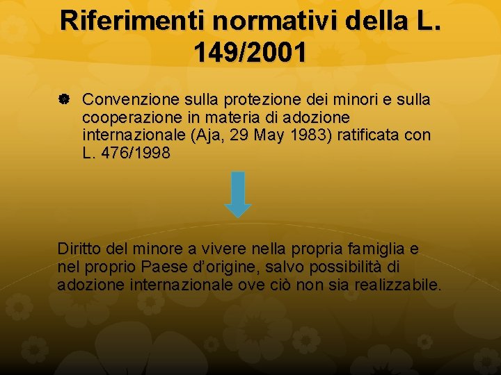 Riferimenti normativi della L. 149/2001 Convenzione sulla protezione dei minori e sulla cooperazione in