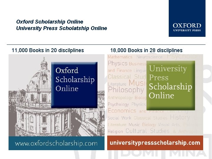 Oxford Scholarship Online University Press Scholatship Online 11, 000 Books in 20 discilplines 18,
