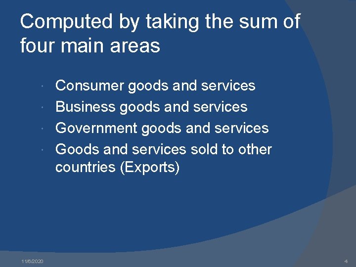 Computed by taking the sum of four main areas Consumer goods and services Business