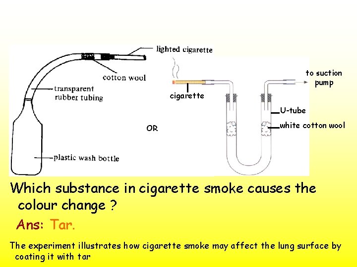 to suction pump cigarette U-tube OR white cotton wool Which substance in cigarette smoke
