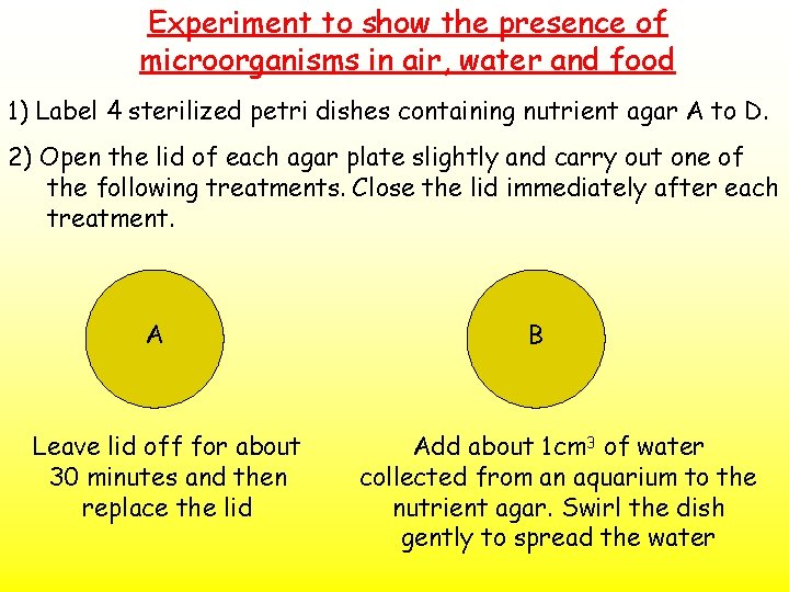 Experiment to show the presence of microorganisms in air, water and food 1) Label
