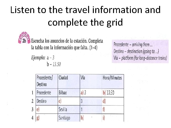 Listen to the travel information and complete the grid 