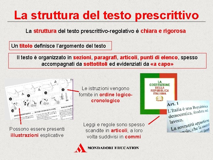 La struttura del testo prescrittivo-regolativo è chiara e rigorosa Un titolo definisce l’argomento del