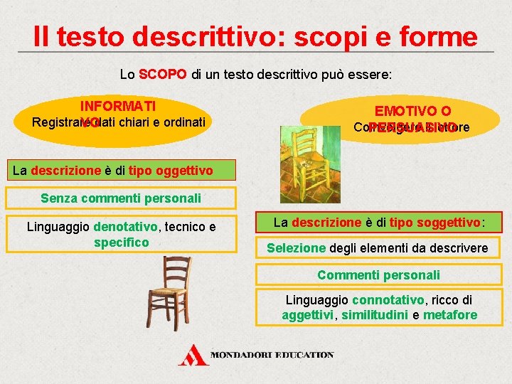 Il testo descrittivo: scopi e forme Lo SCOPO di un testo descrittivo può essere: