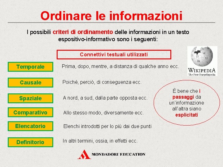 Ordinare le informazioni I possibili criteri di ordinamento delle informazioni in un testo espositivo-informativo