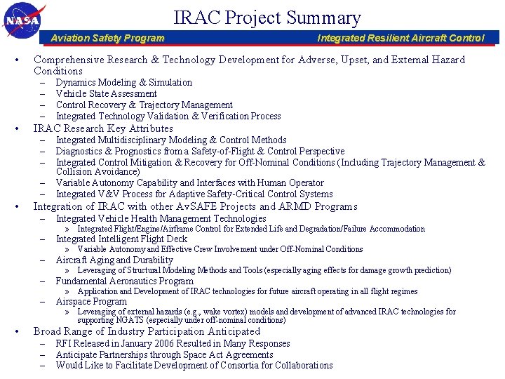 IRAC Project Summary Aviation Safety Program • Comprehensive Research & Technology Development for Adverse,