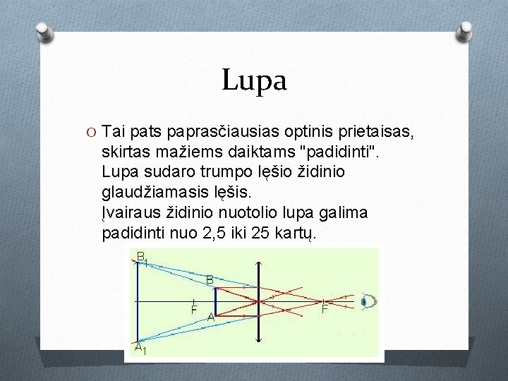 Lupa O Tai pats paprasčiausias optinis prietaisas, skirtas mažiems daiktams "padidinti". Lupa sudaro trumpo Lupa O Tai pats paprasčiausias optinis prietaisas, skirtas mažiems daiktams "padidinti". Lupa sudaro trumpo
