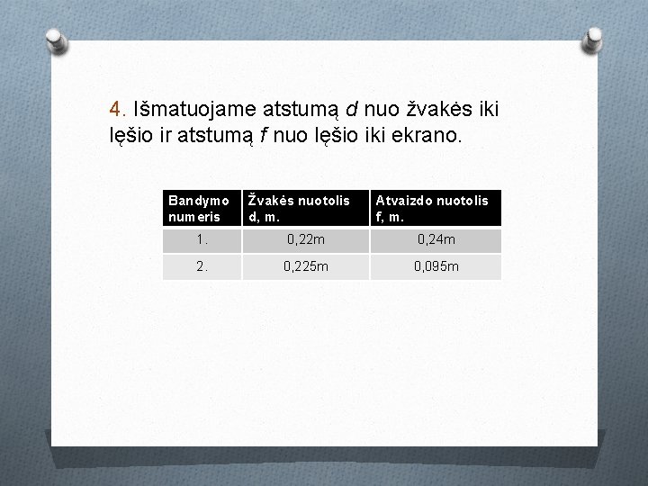 4. Išmatuojame atstumą d nuo žvakės iki lęšio ir atstumą f nuo lęšio iki 4. Išmatuojame atstumą d nuo žvakės iki lęšio ir atstumą f nuo lęšio iki