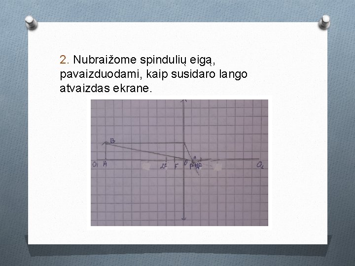 2. Nubraižome spindulių eigą, pavaizduodami, kaip susidaro lango atvaizdas ekrane. 2. Nubraižome spindulių eigą, pavaizduodami, kaip susidaro lango atvaizdas ekrane.