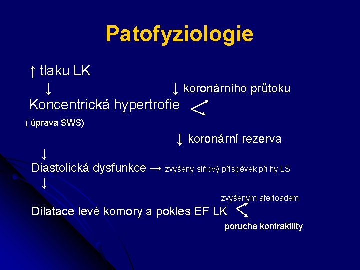 Patofyziologie ↑ tlaku LK ↓ ↓ koronárního průtoku Koncentrická hypertrofie ( úprava SWS) ↓