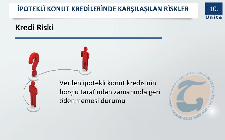 İPOTEKLİ KONUT KREDİLERİNDE KARŞILAN RİSKLER 10. Ünite Kredi Riski Verilen ipotekli konut kredisinin borçlu