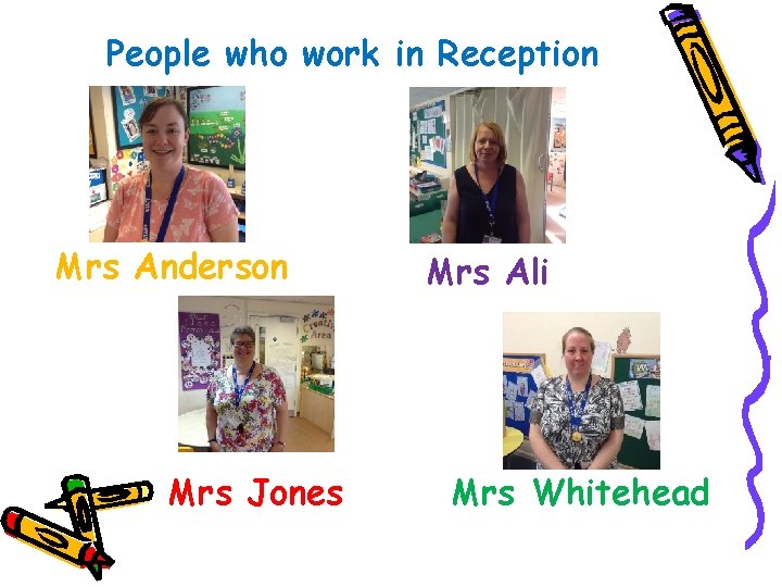 People who work in Reception Mrs Anderson Mrs Jones Mrs Ali Mrs Whitehead 
