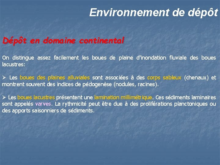 Environnement de dépôt Dépôt en domaine continental On distingue assez facilement les boues de