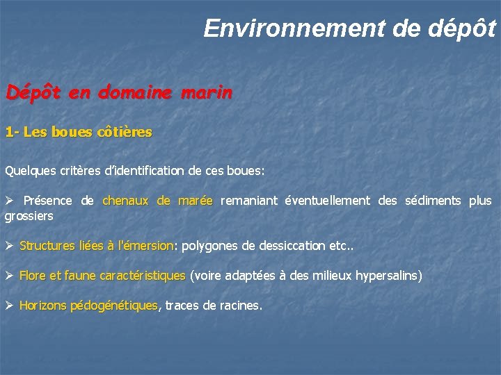 Environnement de dépôt Dépôt en domaine marin 1 - Les boues côtières Quelques critères