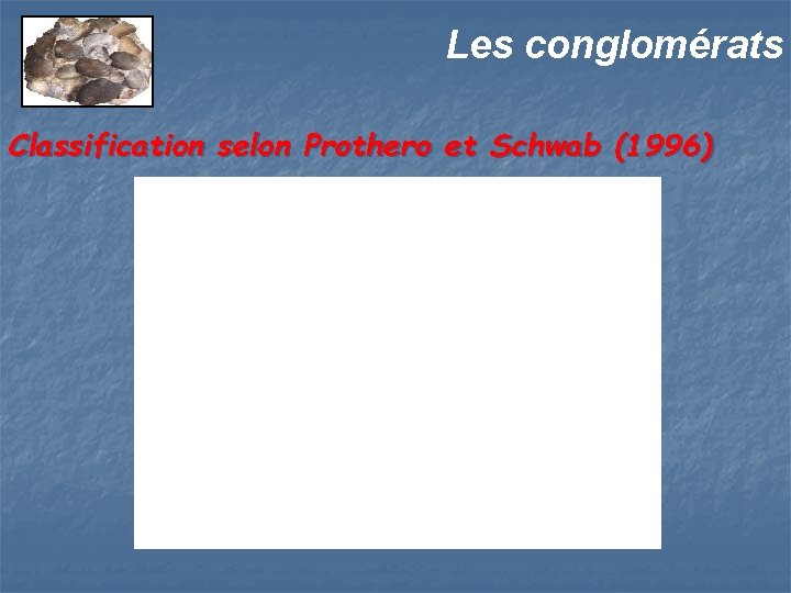 Les conglomérats Classification selon Prothero et Schwab (1996) 