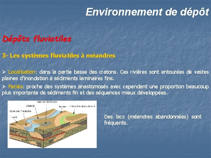 Environnement de dépôt Dépôts fluviatiles 3 - Les systèmes fluviatiles à méandres Ø Localisation: