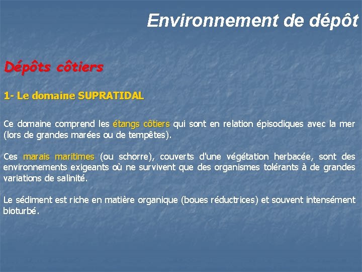 Environnement de dépôt Dépôts côtiers 1 - Le domaine SUPRATIDAL Ce domaine comprend les