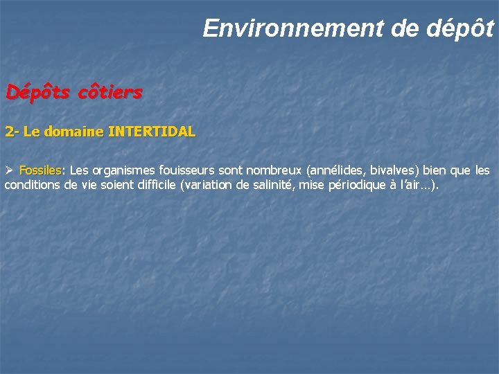 Environnement de dépôt Dépôts côtiers 2 - Le domaine INTERTIDAL Ø Fossiles: Les organismes