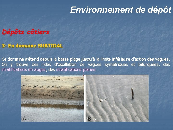 Environnement de dépôt Dépôts côtiers 3 - En domaine SUBTIDAL Ce domaine s’étend depuis