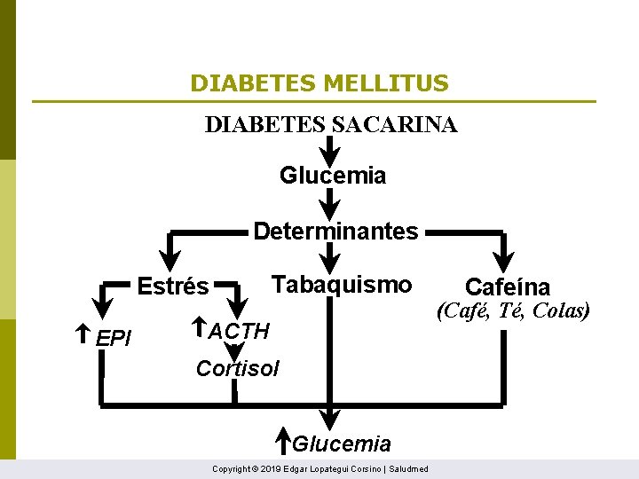 DIABETES MELLITUS DIABETES SACARINA Glucemia Determinantes Tabaquismo Estrés EPI Cafeína (Café, Té, Colas) ACTH